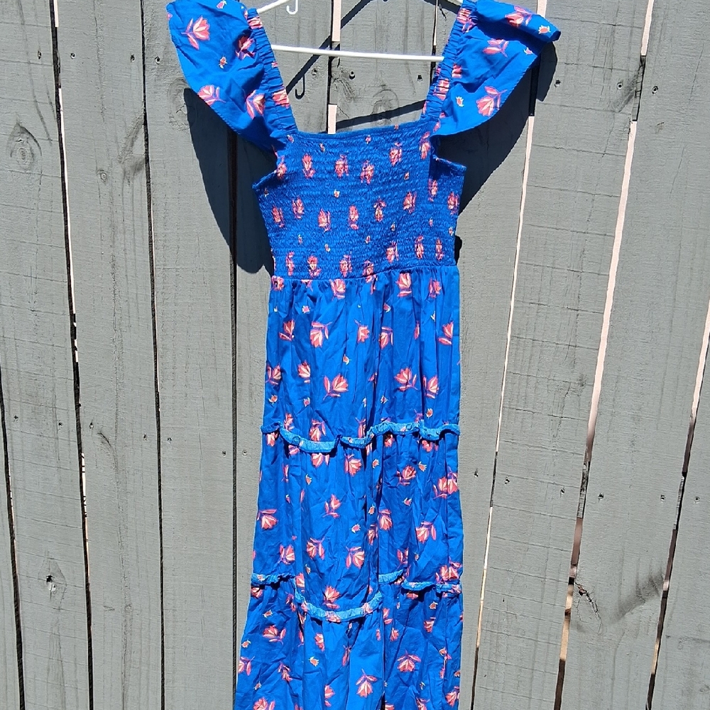 Blue Dress with Pink Floral Design